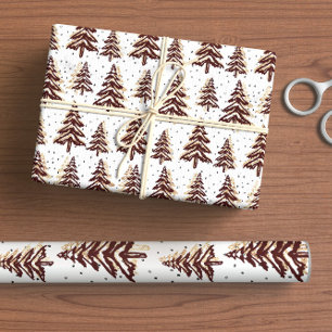 Christmas Trees Burgundy And Gold Wrapping Paper