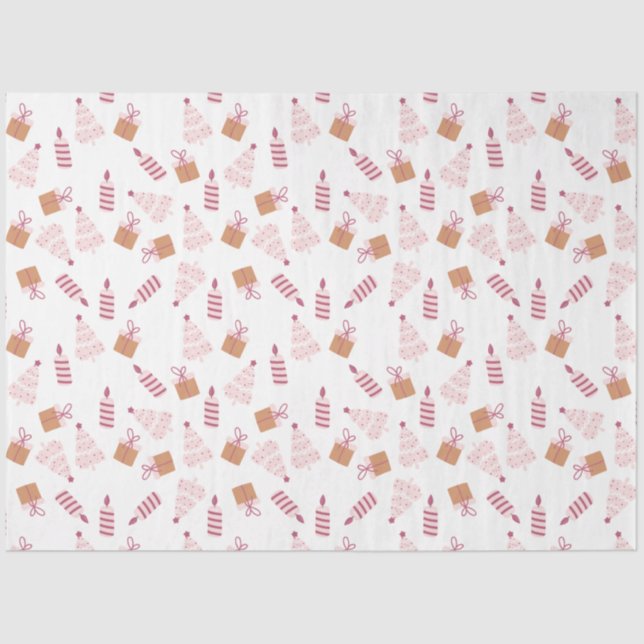 Christmas Trees Candles Gifts Pink Brown Christmas Tissue Paper (Front)
