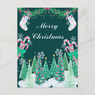 Christmas Trees, Candy Cane and Stockings Holiday Postcard