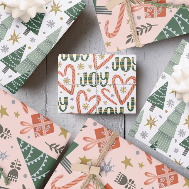 Christmas trees, candy canes and presents wrapping paper sheet (Christmas trees, candy canes and presents wrapping paper sheets)