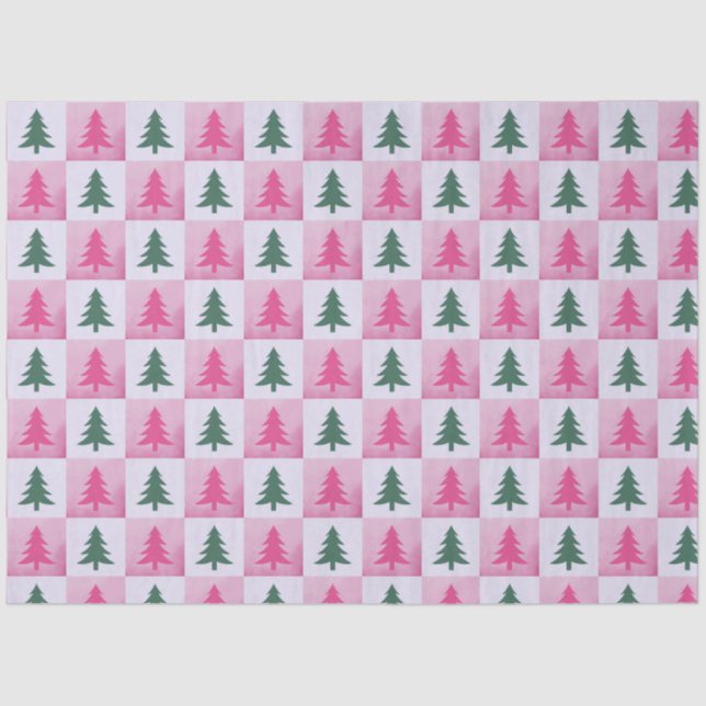 Christmas Trees Chequerboard Pink Green Christmas Tissue Paper (Front)