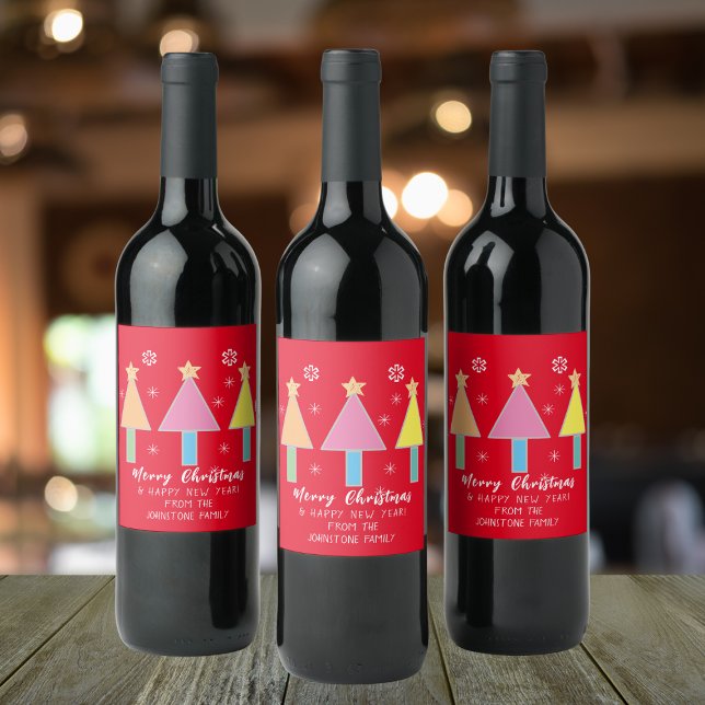 Christmas Trees Cool Art Personalised Name Red  Wine Label (Personalized Christmas party wine bottle labels.)
