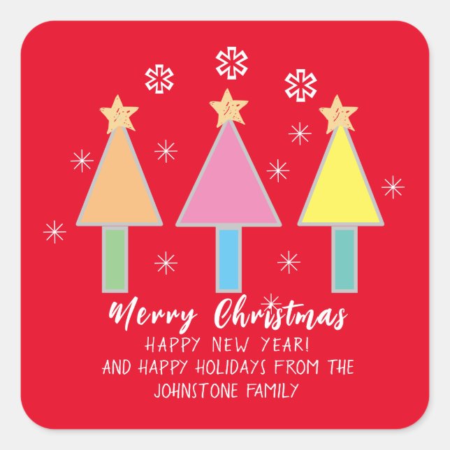 Christmas Trees Custom Family Name Cool Cute Red  Square Sticker (Front)