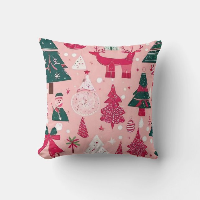 Christmas trees deer snowflakes pink Throw Pillow (Front)