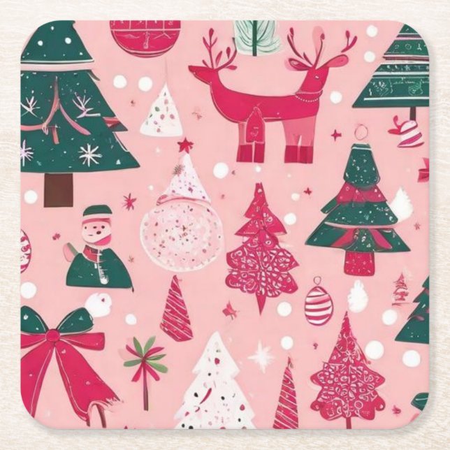 Christmas trees deer snowflakes pink Throw Pillow Square Paper Coaster (Front)
