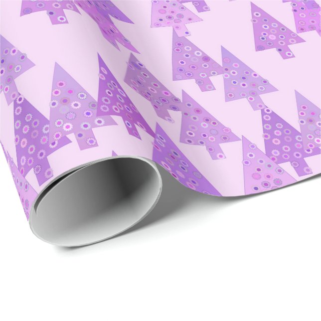 Christmas trees, flowers, modern lavender print wrapping paper (Roll Corner)