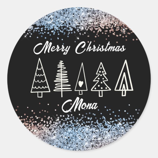 Christmas trees glitter custom name classic round sticker (Front)