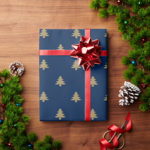 Christmas Trees gold & dark navy blue pattern  Wrapping Paper