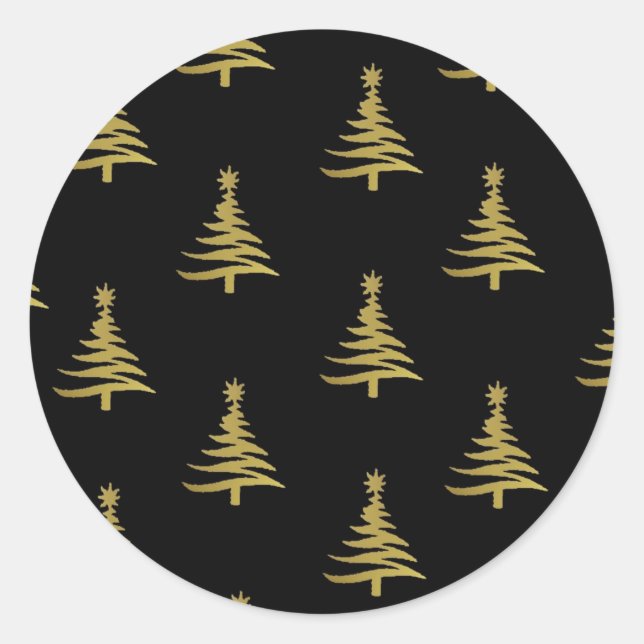 Christmas Trees Gold on Black Classic Round Sticker (Front)