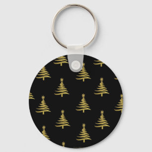 Christmas Trees Gold on Black Key Ring