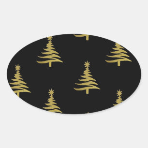 Christmas Trees Gold on Black Oval Sticker