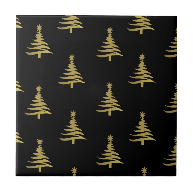 Christmas Trees Gold on Black Tile (Front)