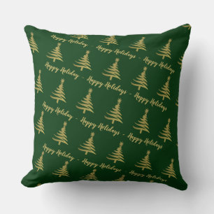 Christmas Trees Gold on Green Throw Pillow