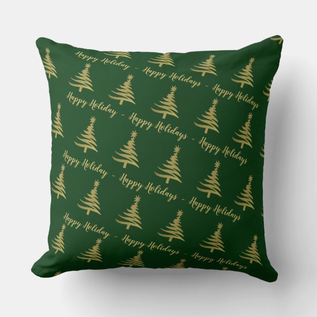 Christmas Trees Gold on Green Throw Pillow (Front)