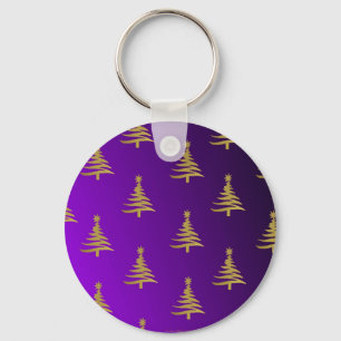 Christmas Trees Gold on Purple Key Ring