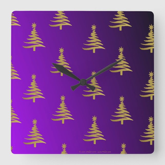 Christmas Trees Gold on Purple Square Wall Clock (Front)