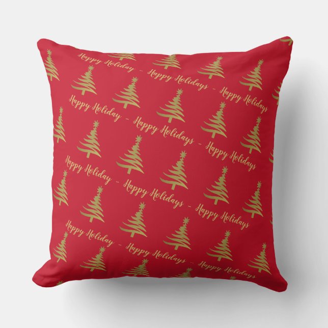 Christmas Trees Gold on Red Throw Pillow (Front)