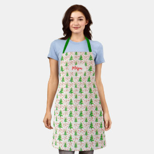 Christmas Trees & Gold Snowflakes, Red Script Name Apron