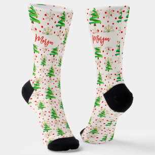 Christmas Trees & Gold Snowflakes, Red Script Name Socks