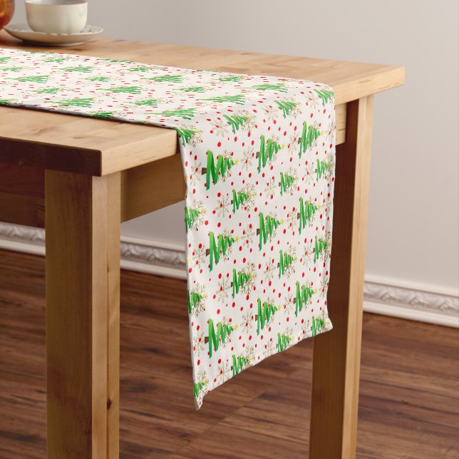 Christmas Trees & Gold Snowflakes Short Table Runner (In Situ)