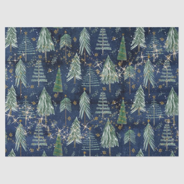 Christmas Trees Gold Twinkle Stars Navy Blue Wood Tissue Paper (Front)