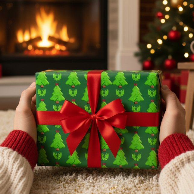 Christmas Trees Hand Drawn Gift Wrapping Paper (Whats Christmas without a tree? Here are some hand drawn trees on a forest green background.)