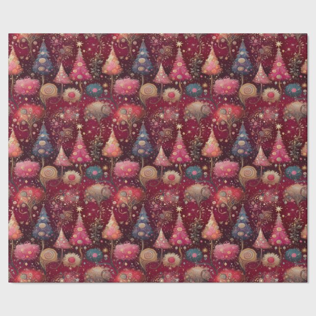 Christmas trees in plush pink and gold wrapping paper (Seam)