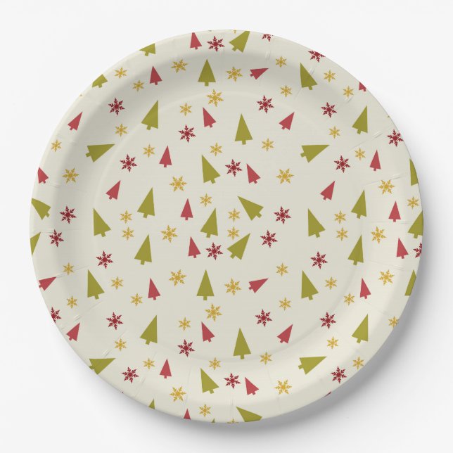 Christmas Trees in Red and Green with Snowflakes Paper Plate (Front)