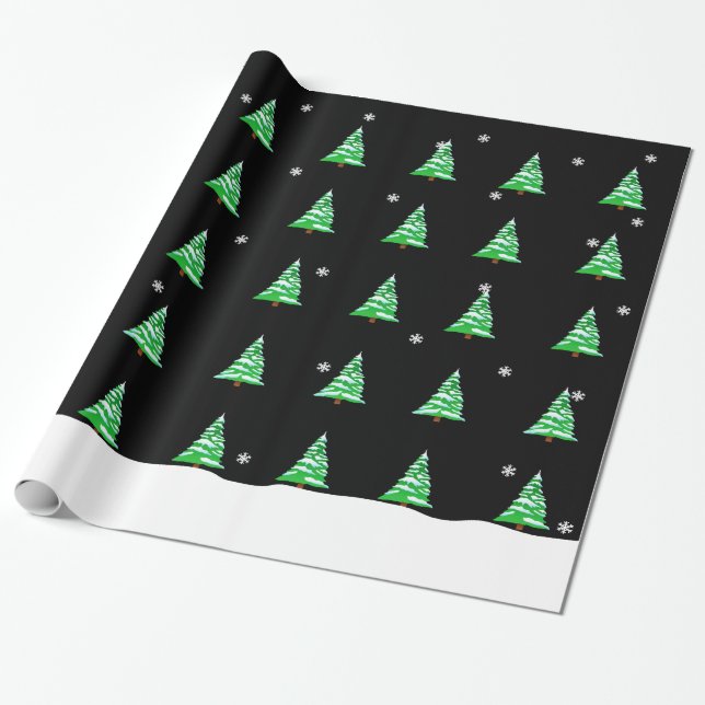 Christmas trees in the snow black wrapping paper (Unrolled)