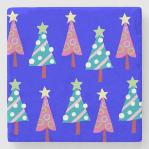 Christmas Trees Marble Stone Coaster, Pink & Blue Coaster