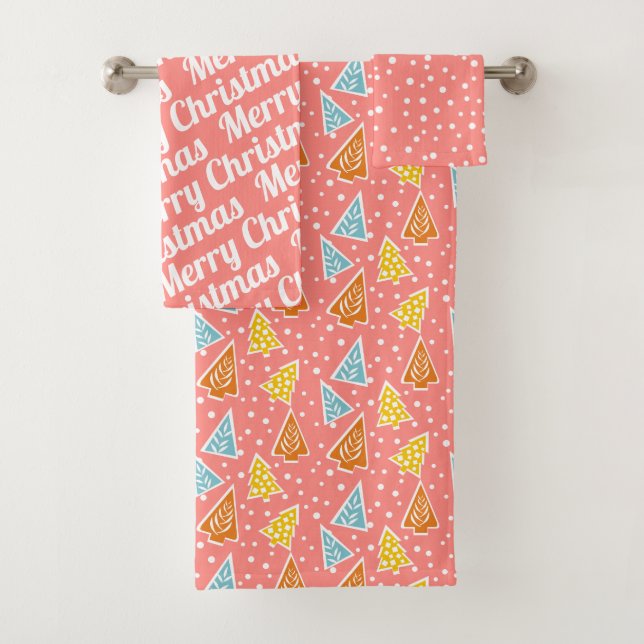 Christmas trees "Merry Christmas" snow pink Bath Towel Set (Insitu)