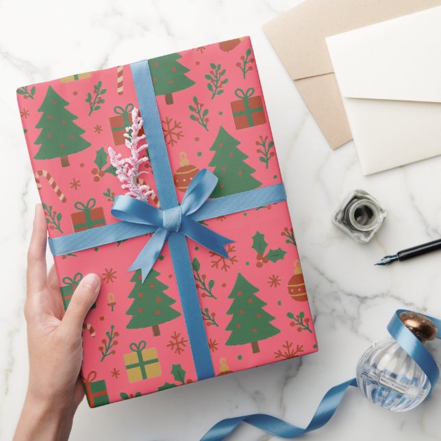 Christmas Trees Mistletoe Giftboxes Wrapping Paper (Gifting)