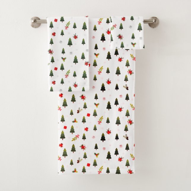 Christmas Trees, Mistletoe & Gifts Bath Towel Set (Insitu)