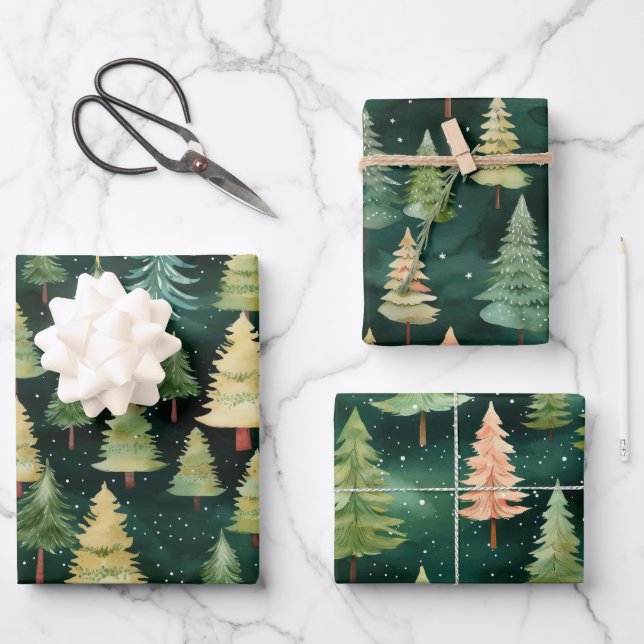 Christmas Trees Night Forest Wrapping Paper Sheet (Front)