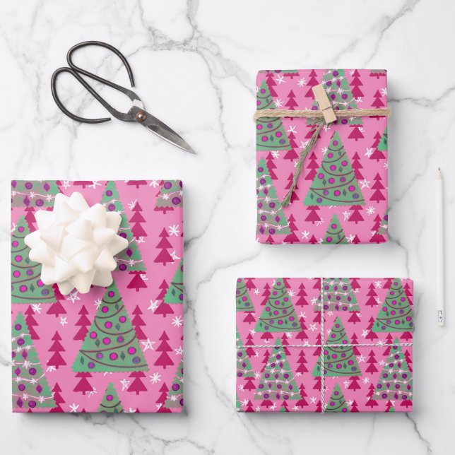 Christmas Trees on Hot Pink Wrapping Paper Sheet (Front)