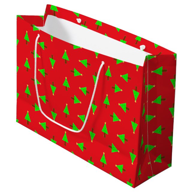 Christmas trees on red large gift bag (Front Angled)
