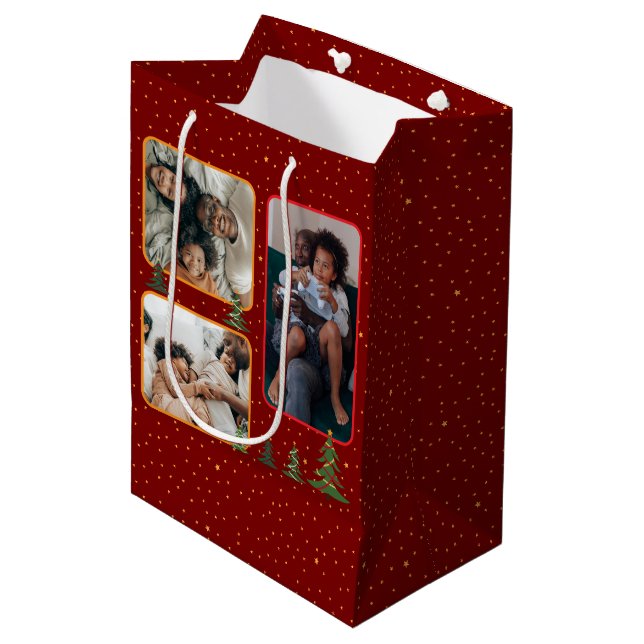 Christmas trees on starry red photo collage medium gift bag (Front Angled)
