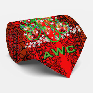 Christmas Trees Over Black Lace on Red (Monogram) Tie