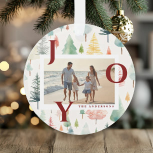 Christmas Trees Pastel Watercolor Red Joy Photo  Ornament