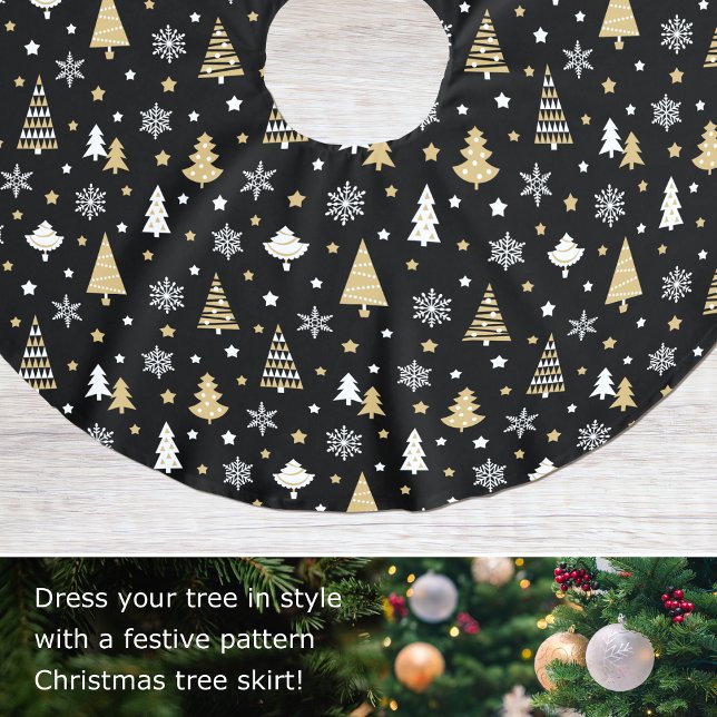 Christmas Trees Pattern Black Gold Modern Brushed Polyester Tree Skirt (Creator Uploaded)