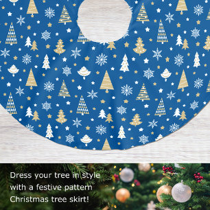 Christmas Trees Pattern Blue Gold Modern Brushed Polyester Tree Skirt