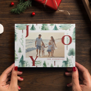 Christmas Trees Pattern Photo Red Joy Holiday Card