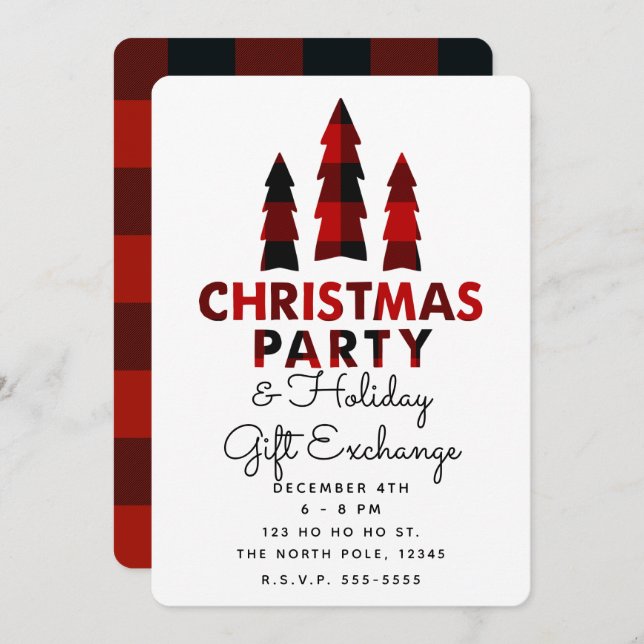 Christmas Trees Plaid Holiday Gift Exchange Party Invitation (Front/Back)
