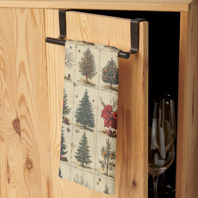 Christmas Trees Poinsettia Elegant Vintage Tea Towel (Thirds Fold)