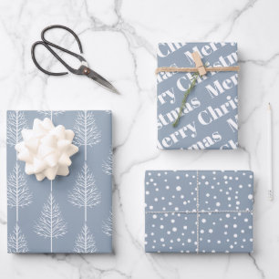 Christmas, trees, polka dots holiday dusty blue wrapping paper sheet