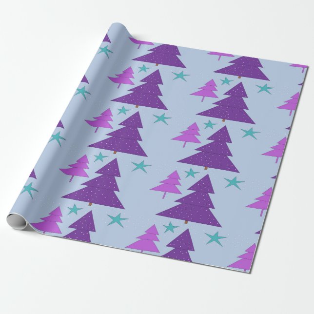 Christmas Trees Purple Digital Wrapping Paper (Unrolled)