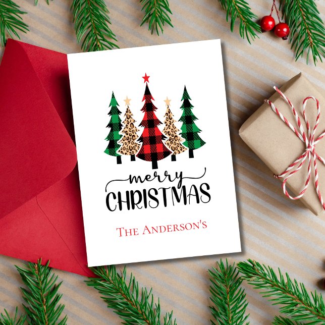 Christmas Trees Red Green Black Buffalo Plaid  Holiday Card (Christmas Trees Buffalo Plaid Leopard Print Merry Christmas Card  Printed Digital Instant Download)