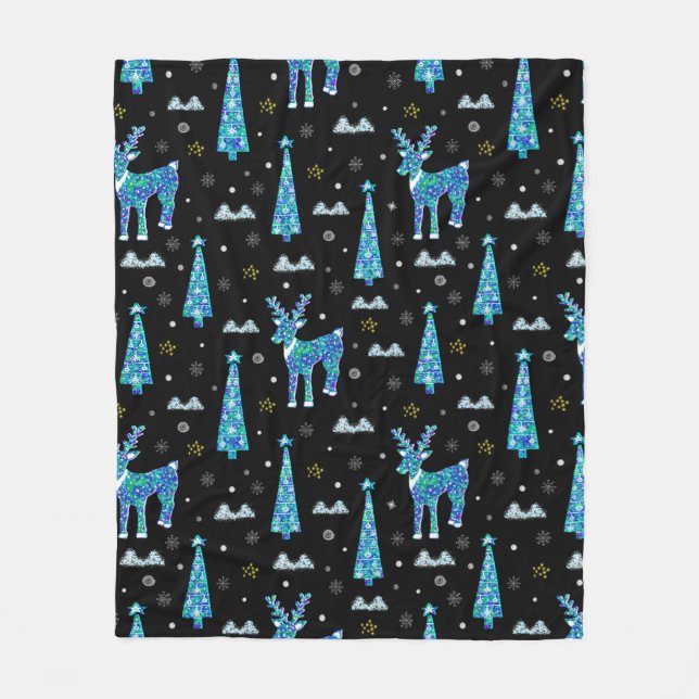 Christmas trees, reindeer snowflakes. Winter illus Fleece Blanket (Front)