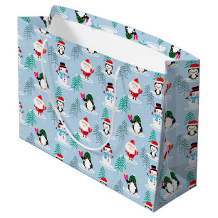 Christmas Trees, Santa, Snowmen and Penguins Large Gift Bag