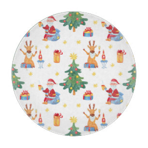 Christmas trees, Santa: watercolor pattern. Cutting Board